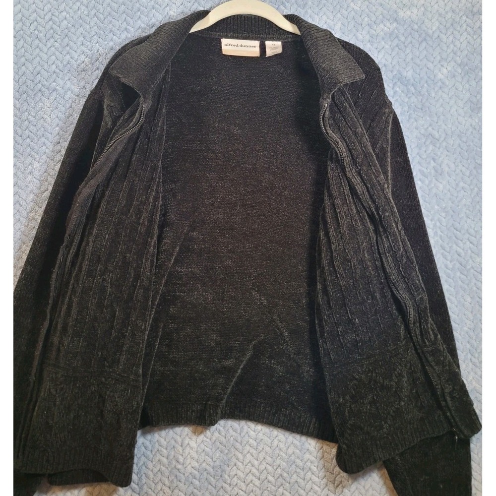 Alfred Dunner Black Chenille Cable Knit Full Zip Sweater Cardigan Womens 1X